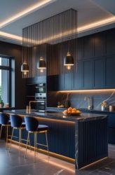 High-gloss PU kitchen island with marble top modern lighting by RA Creative Designs" a one stop Interior company kitchen Noida